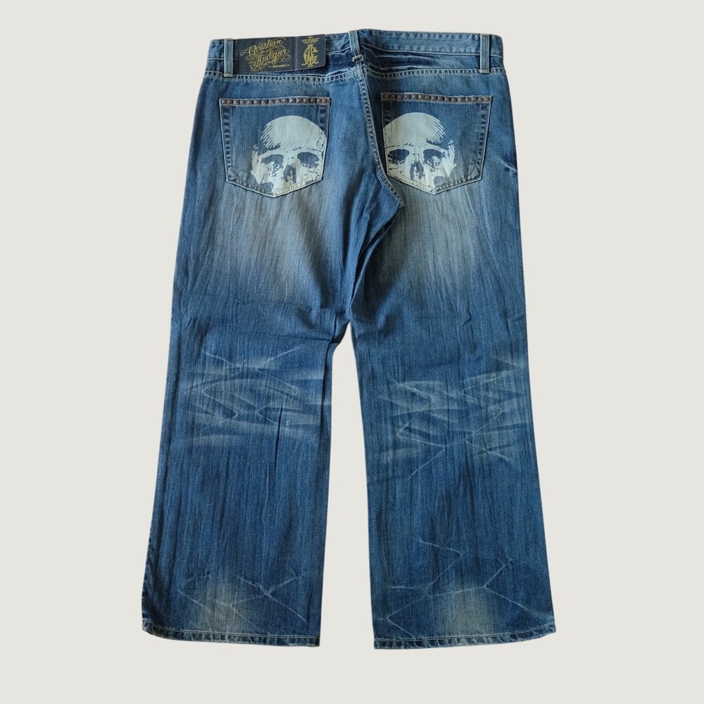 Christian Audigier Jeans Blue Skull Graphic Studded Y2K 42 Straight Leg Denim